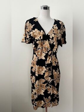 Cache Black Midi Wrap Dress with Beige Floral Print